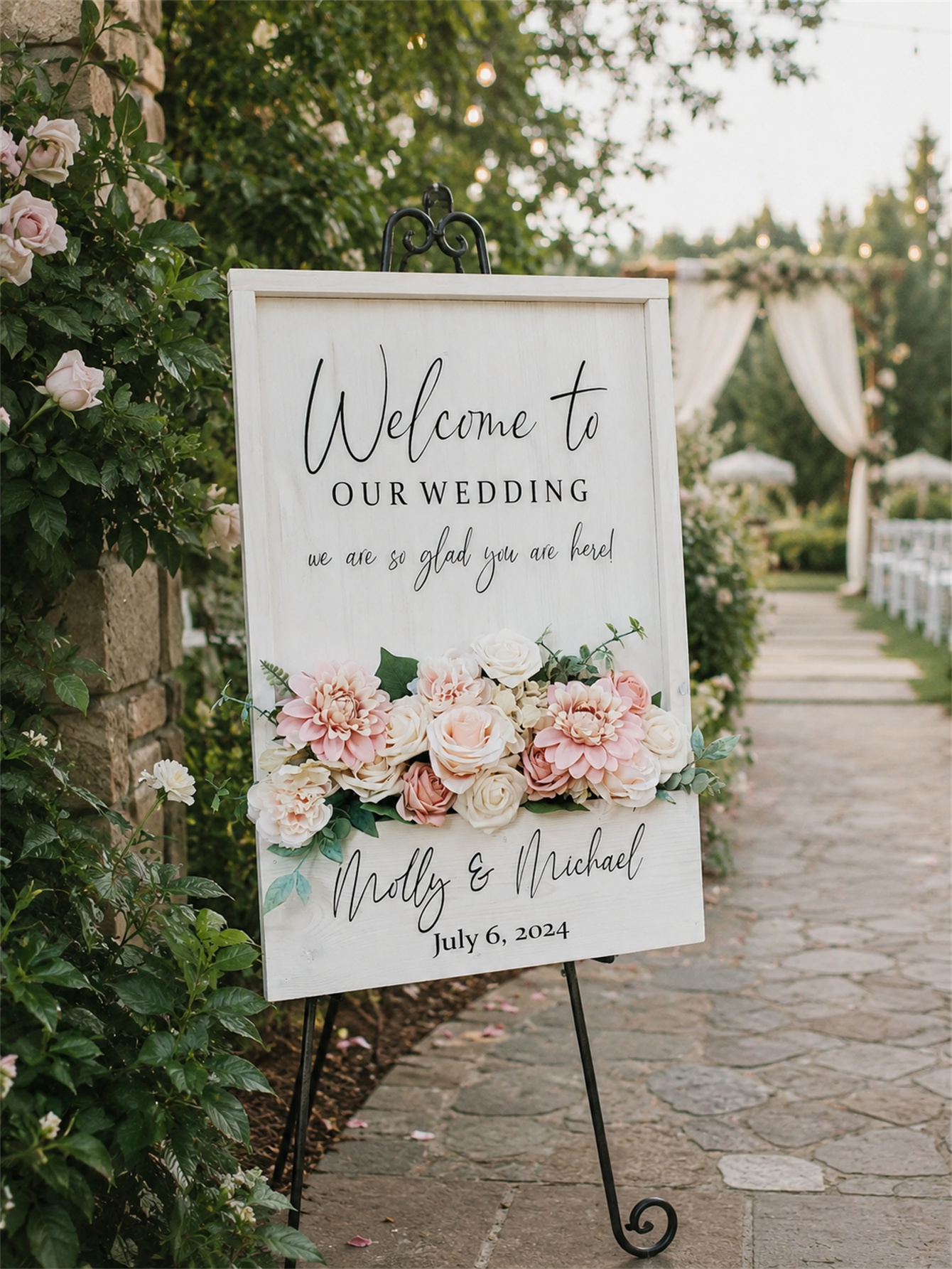 Wooden wedding welcome signs and flowers, custom flower box wedding signs, simple wedding entrance decorations, personalized name and date signs, ceremony reception